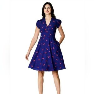 eShakti Retro Navy Dress with Red Cherry Print Size 12 (5665)